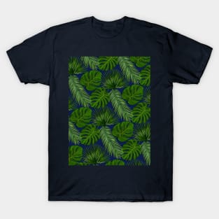 Tropical Leaf Scatter Pattern on Dark Blue T-Shirt